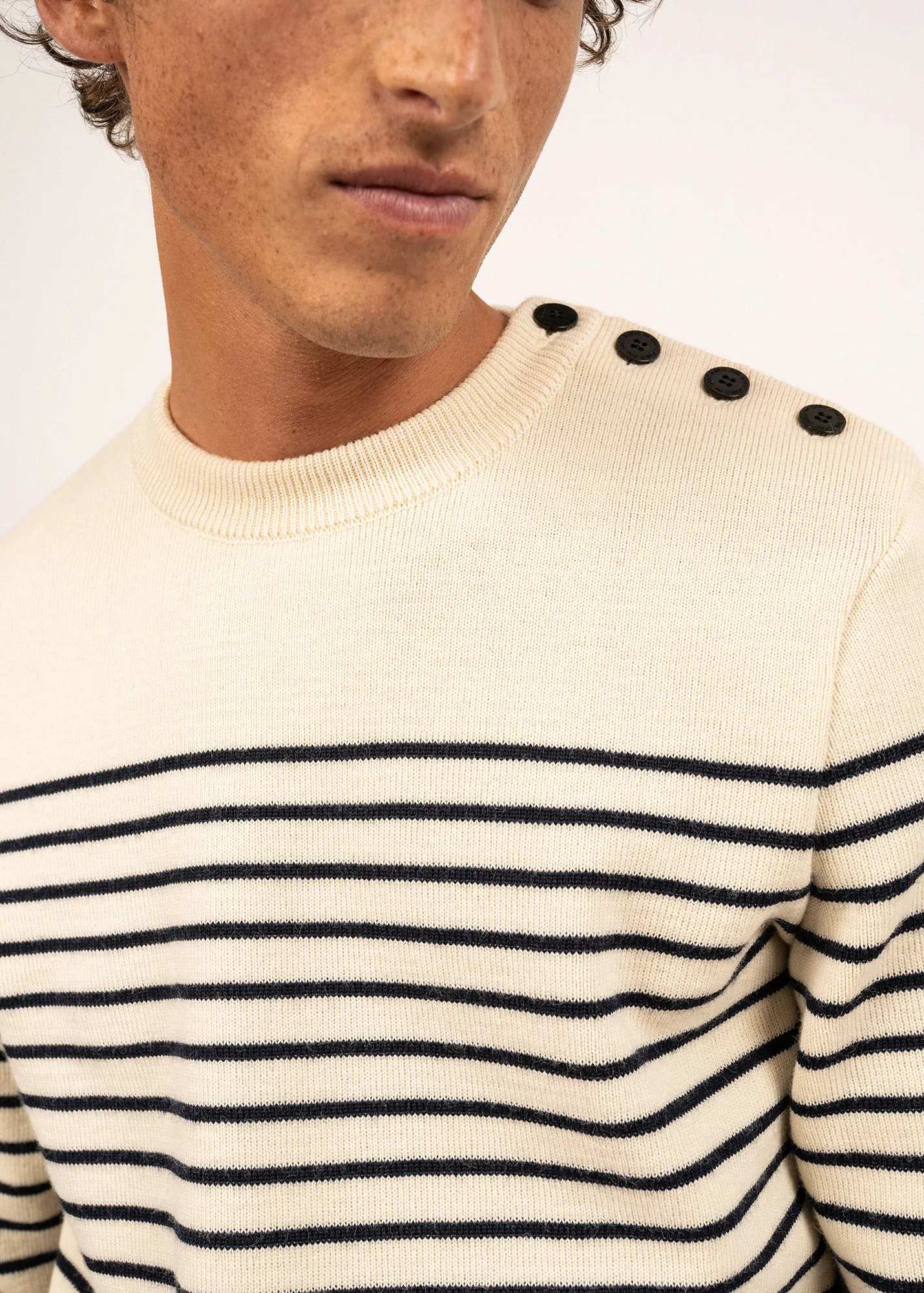 BINIC - Authentic Striped Fisherman Sweater With Shoulder Buttons in Wool | Loose Fit (ECRU / NAVY)