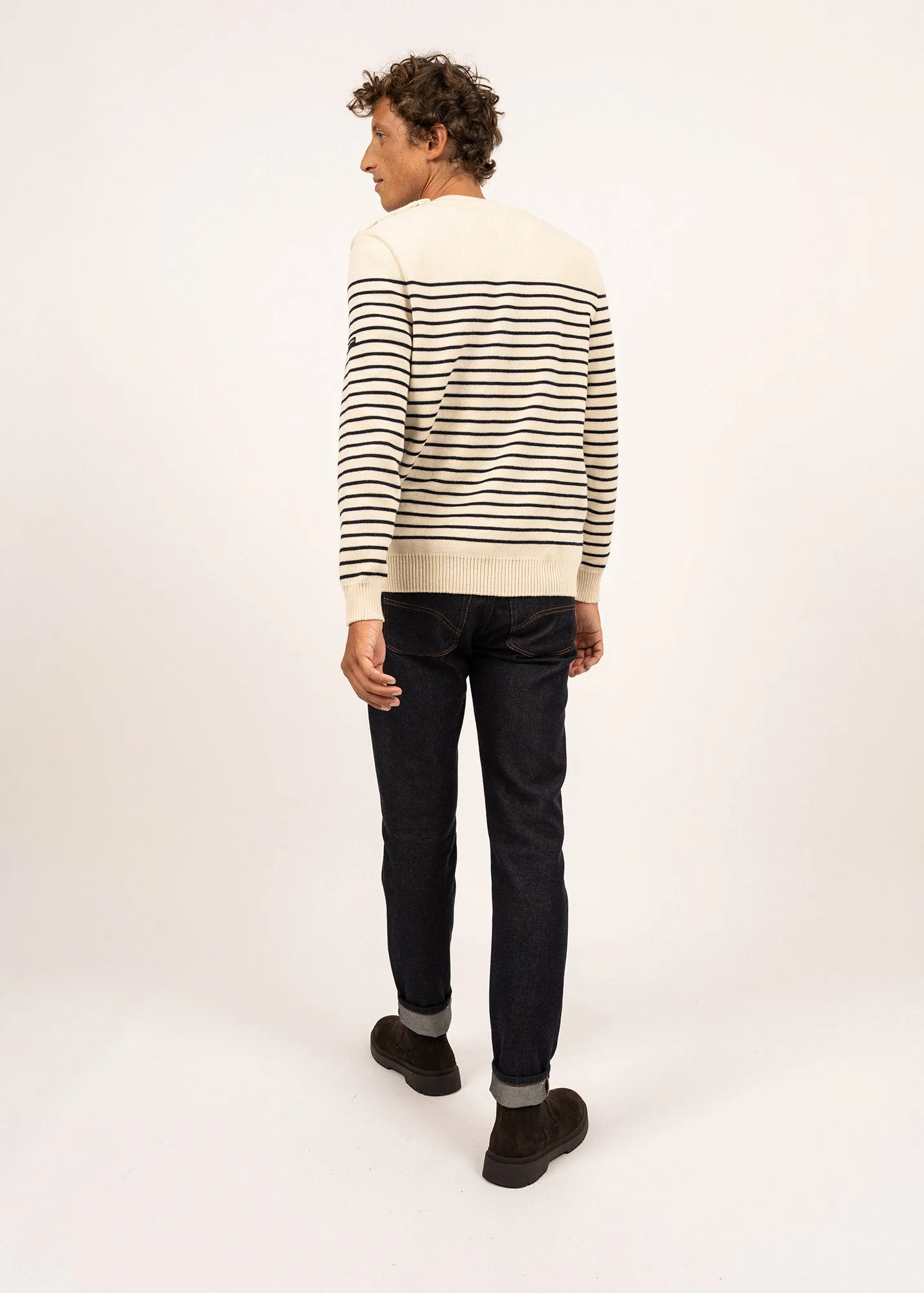 BINIC - Authentic Striped Fisherman Sweater With Shoulder Buttons in Wool | Loose Fit (ECRU / NAVY)