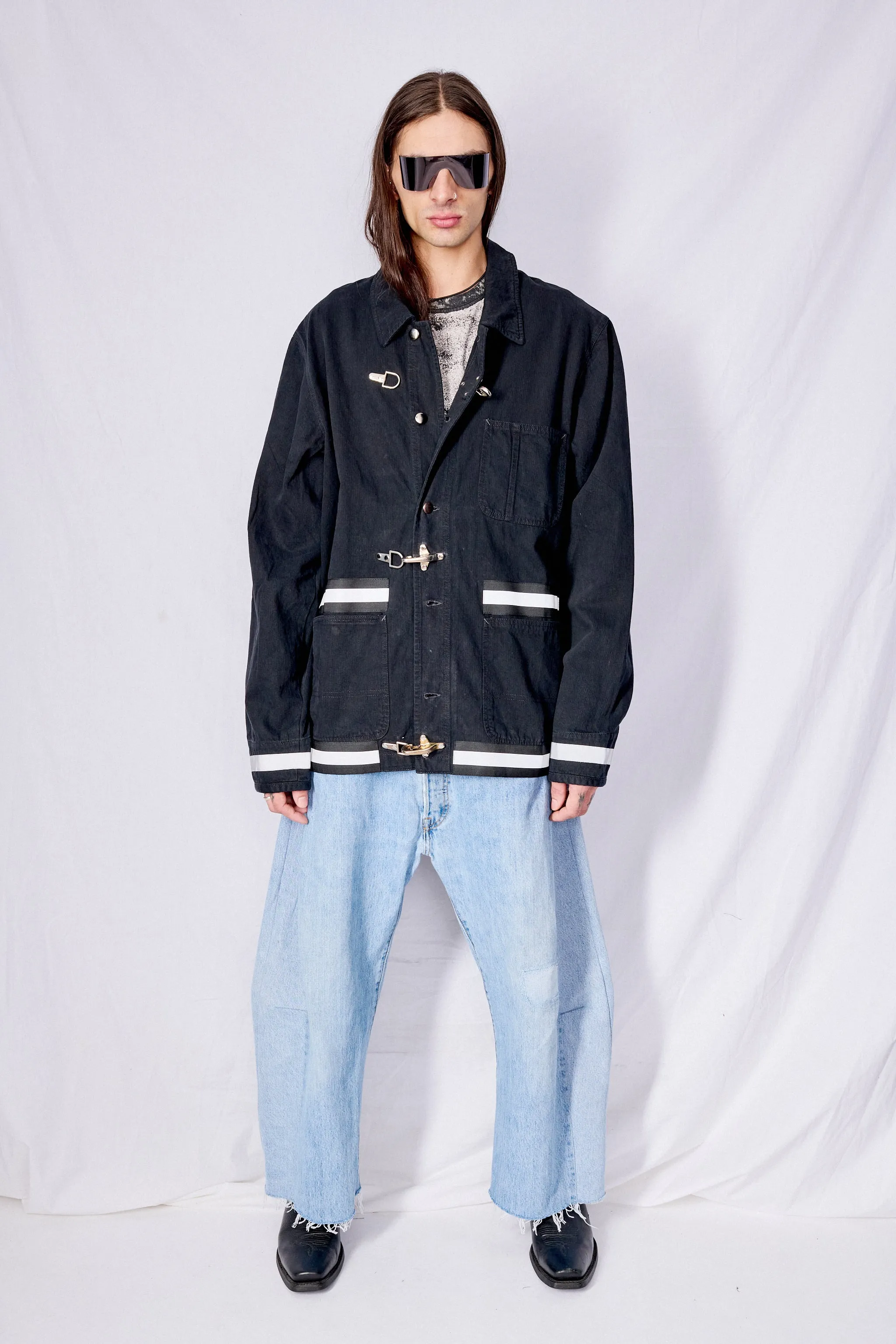 Black Railroad Denim Reflector Fireman Field Coat