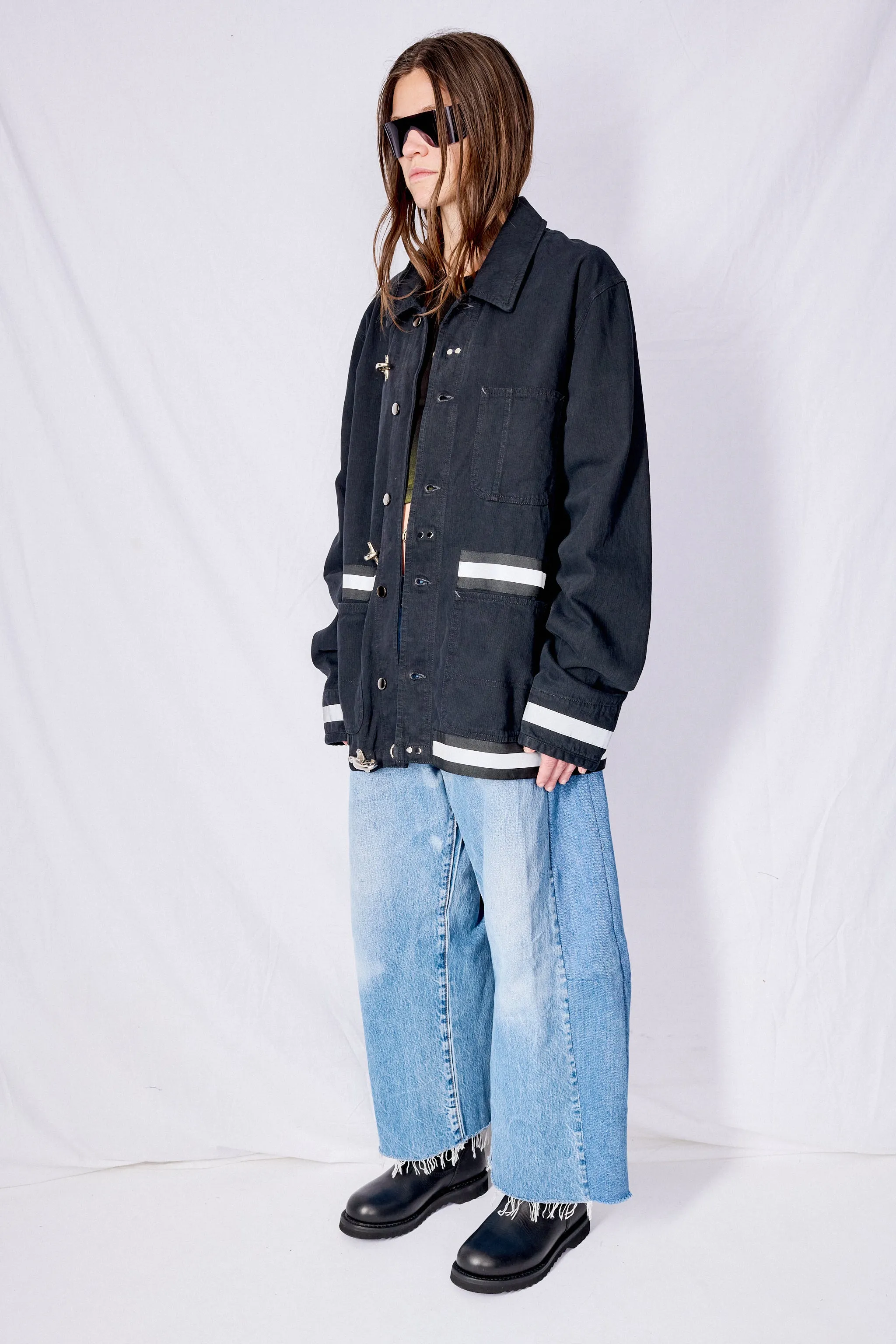 Black Railroad Denim Reflector Fireman Field Coat