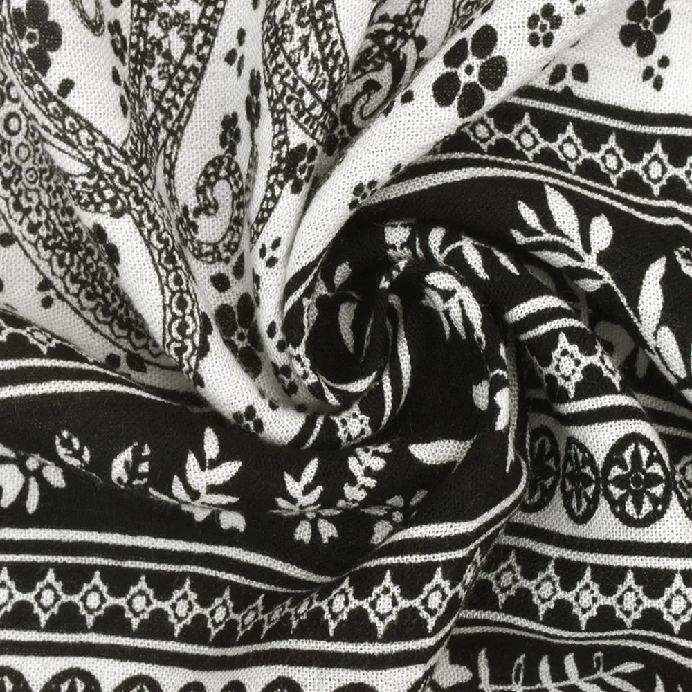 Black-White Paisley and Floral Stripe Printed Rayon Gauze Woven Fabric