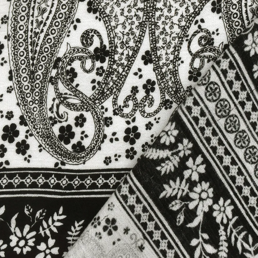 Black-White Paisley and Floral Stripe Printed Rayon Gauze Woven Fabric