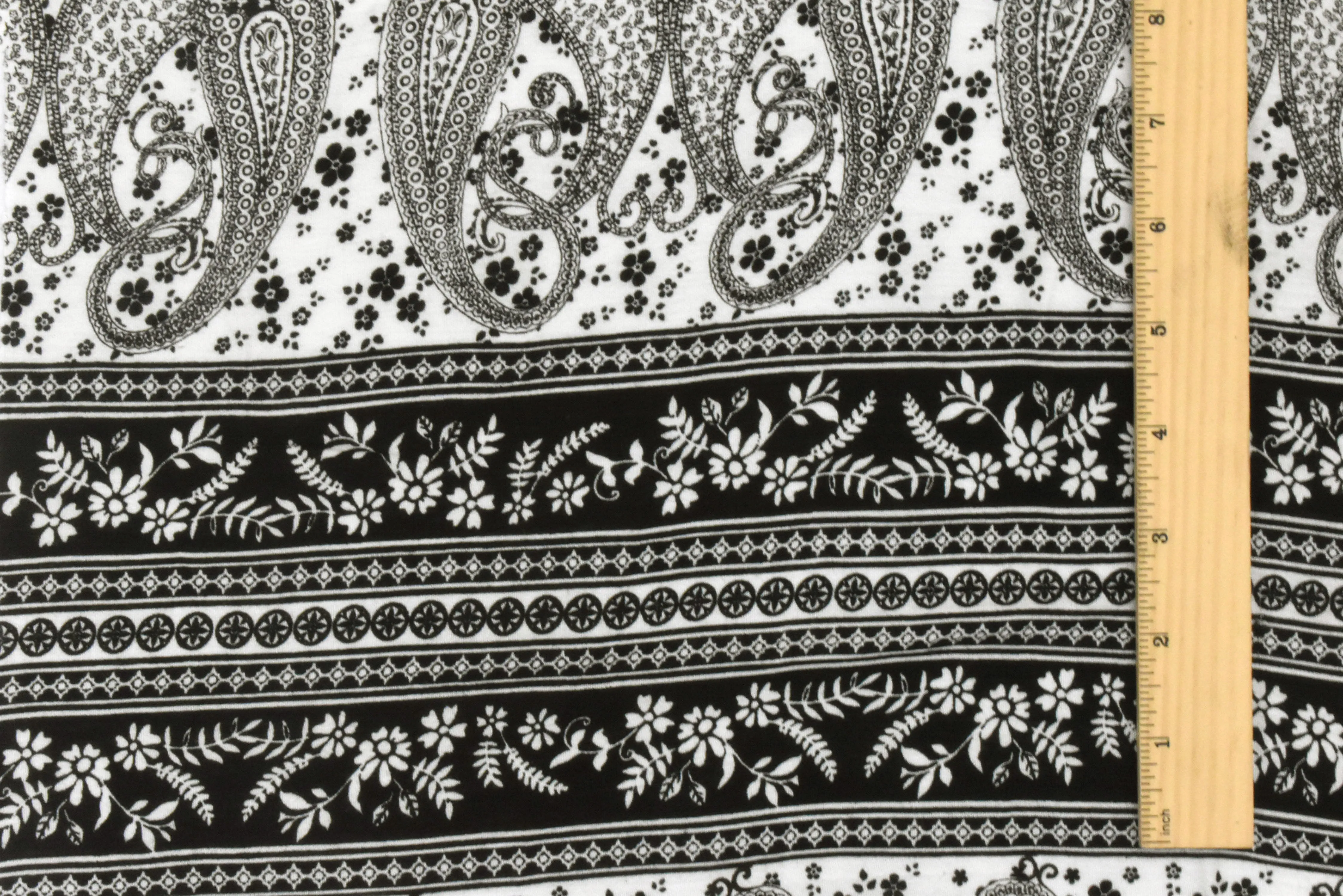 Black-White Paisley and Floral Stripe Printed Rayon Gauze Woven Fabric