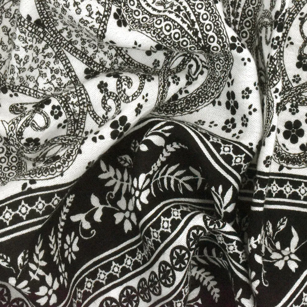 Black-White Paisley and Floral Stripe Printed Rayon Gauze Woven Fabric