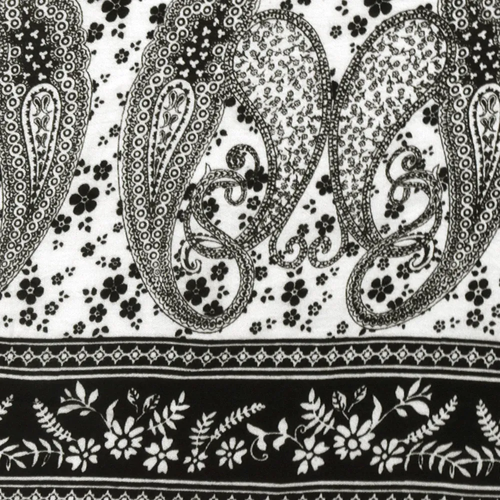 Black-White Paisley and Floral Stripe Printed Rayon Gauze Woven Fabric