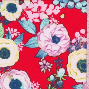 Bright Red Multi Floral Bloom Brushed Jersey Knit Fabric