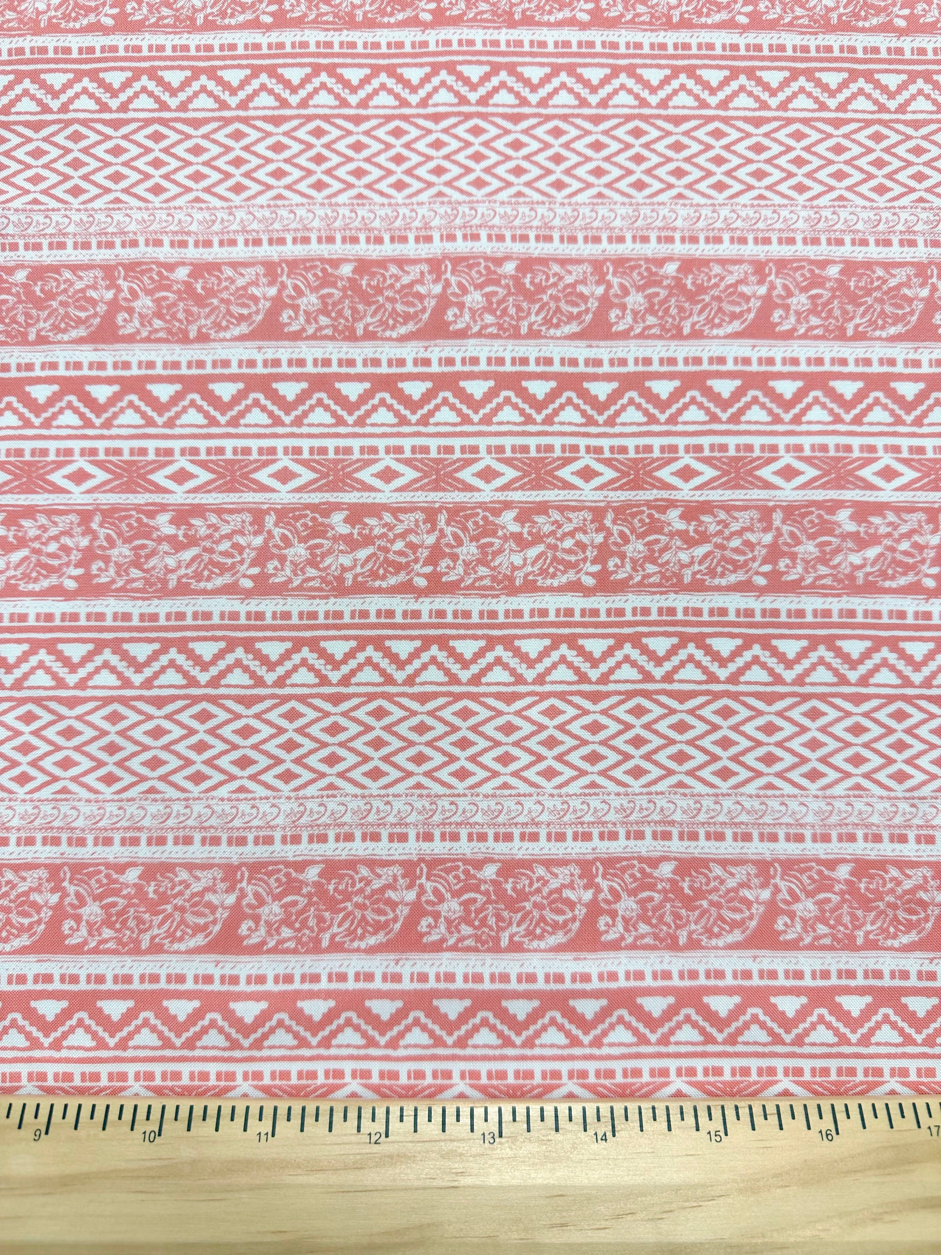 Coral and White Multi Stripe Print Rayon Challis Fabric