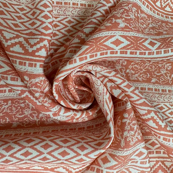 Coral and White Multi Stripe Print Rayon Challis Fabric