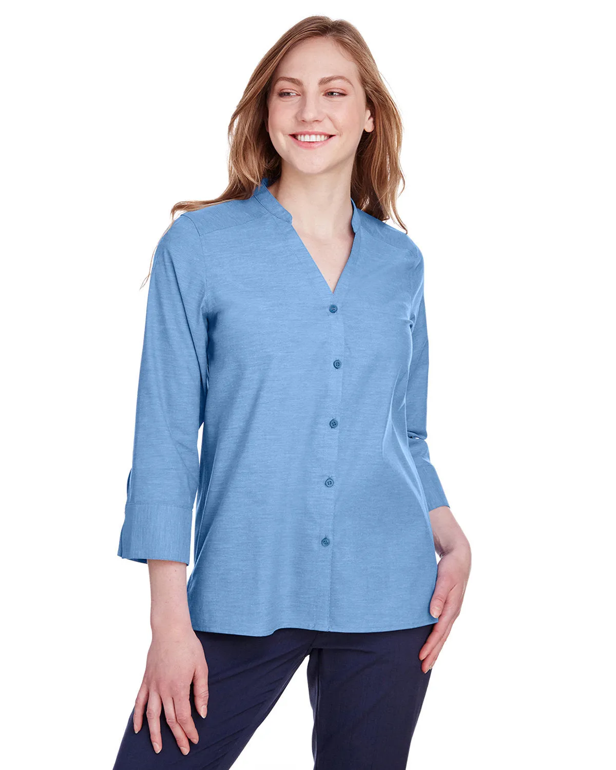 Devon & Jones DG562W Ladies' Crown Collection Stretch Pinpoint Chambray 3/4 Sleeve Blouse