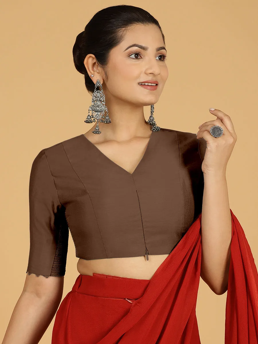 Divya x Rozaana | Elbow Sleeves Saree Blouse in Walnut Brown