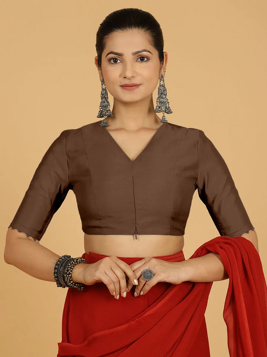 Divya x Rozaana | Elbow Sleeves Saree Blouse in Walnut Brown