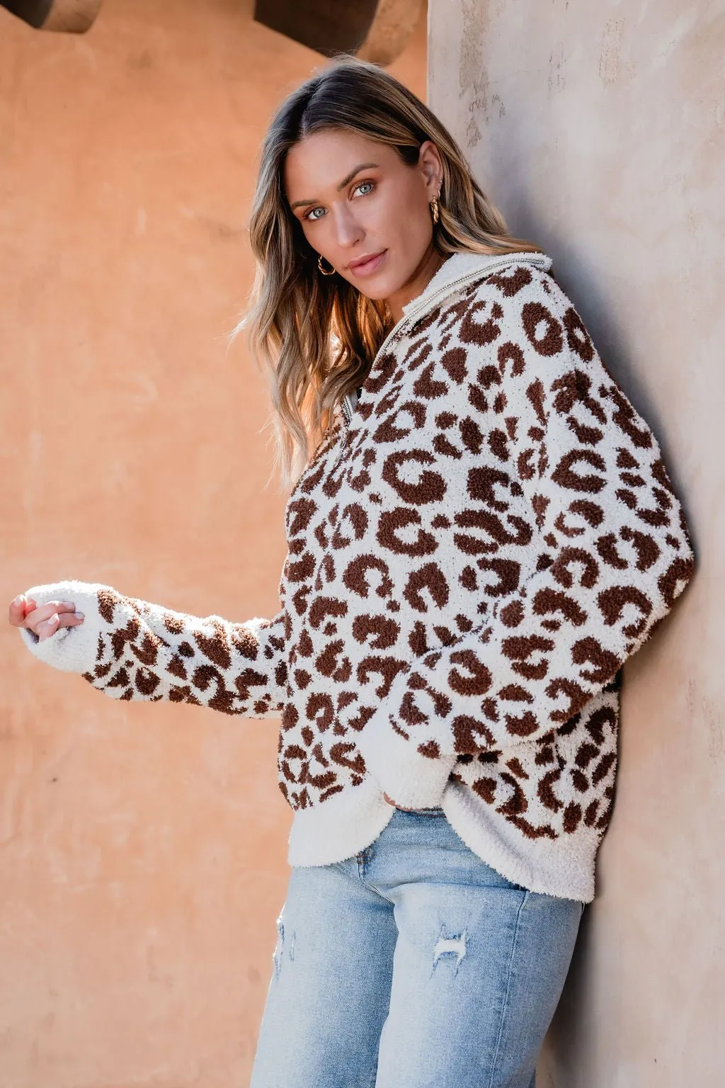 Fuzzy Tan Leopard Print Zip Up Sweater