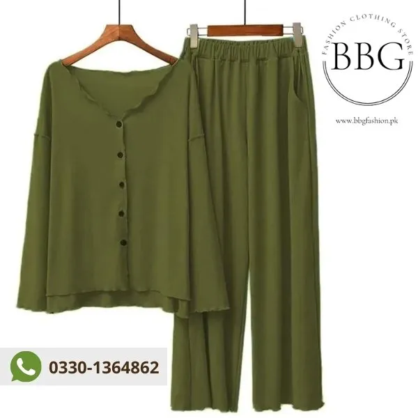 Green V-Neck Button Women Night Suit PJ Set