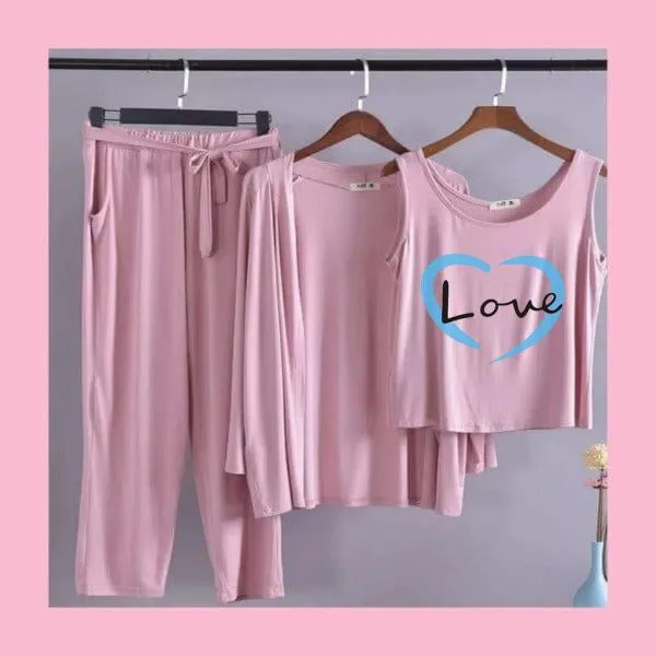 Heart Love Women Night Suit PJ 3 Pieces Set