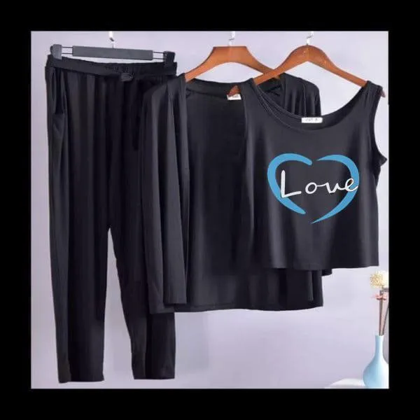 Heart Love Women Night Suit PJ 3 Pieces Set