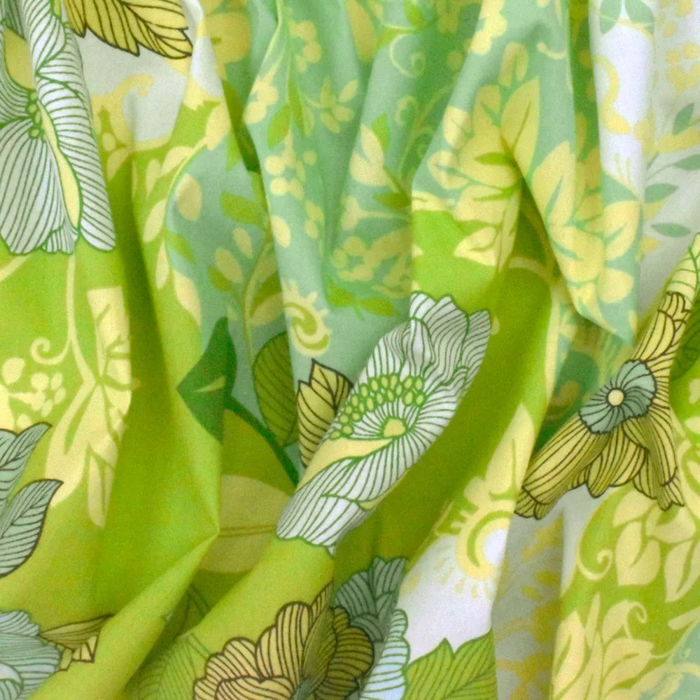 Lime Green-Teal-Multi Floral Printed Stretch Cotton Poplin Woven Fabric