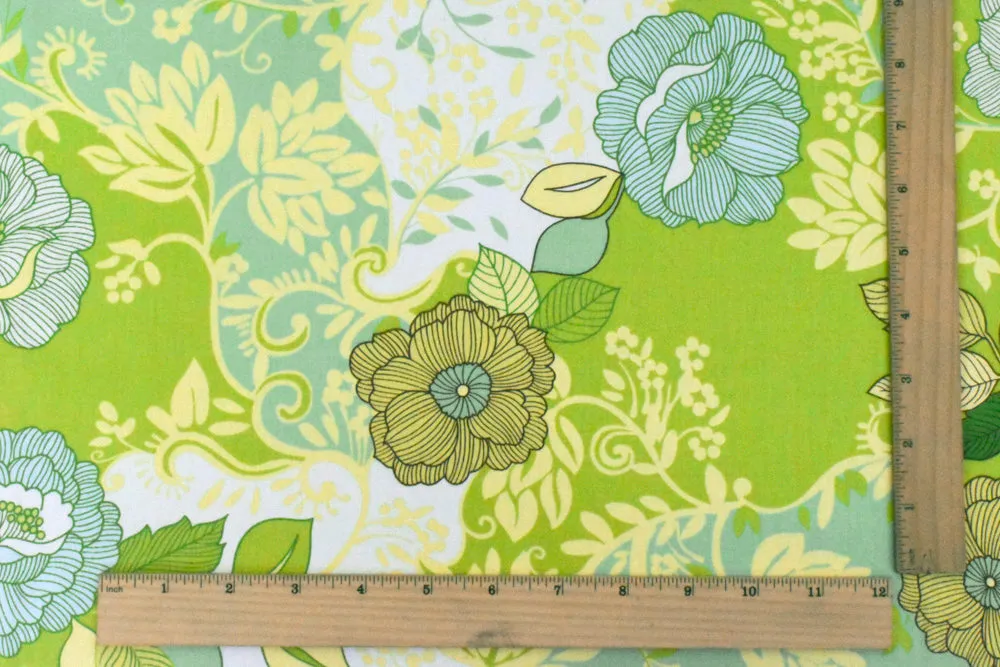 Lime Green-Teal-Multi Floral Printed Stretch Cotton Poplin Woven Fabric