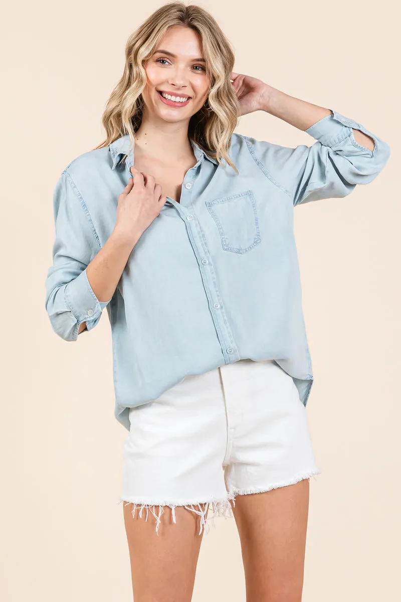 Long Sleeve Button Down Collared Denim Shirts