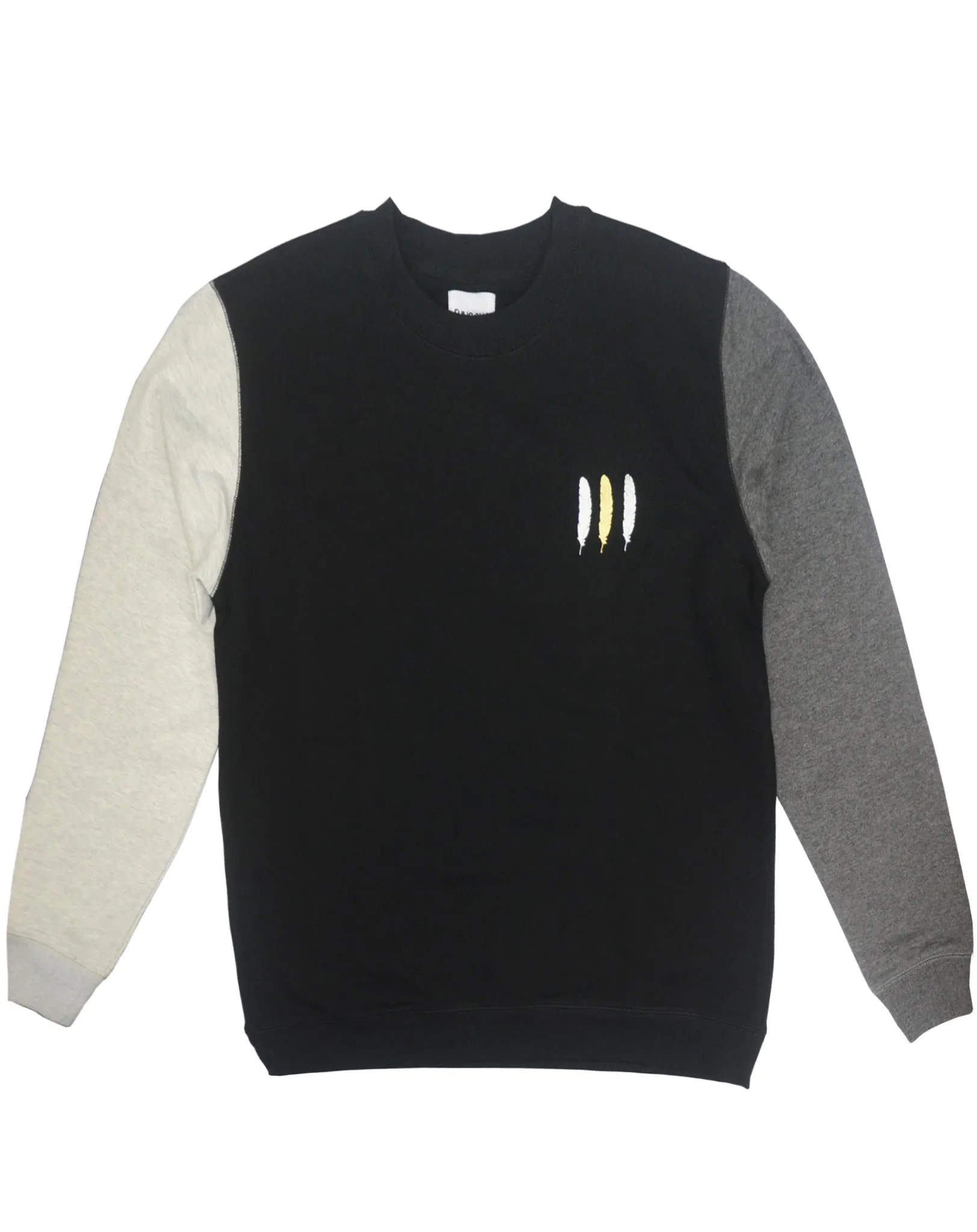 <A 000a109m>Fungolia Fleece Crew Neck Sweatshirt - Small feathers (Black with mixed sleeves)