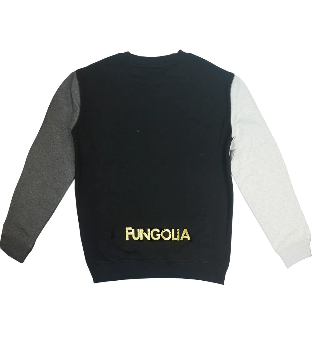 <A 000a109m>Fungolia Fleece Crew Neck Sweatshirt - Small feathers (Black with mixed sleeves)