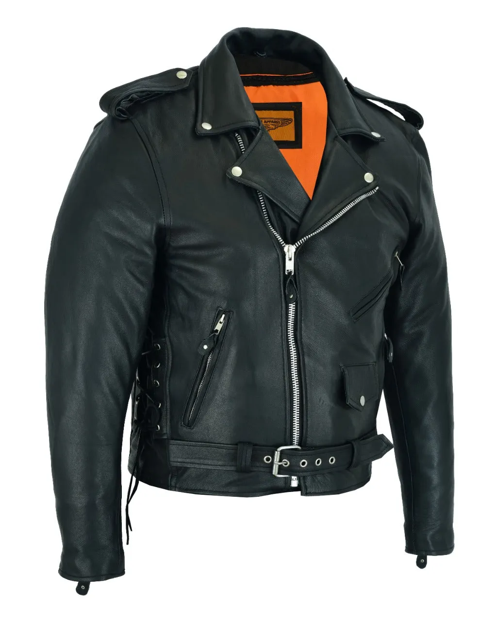 Mens Classic Police Style Motorcycle Jacket With Side Laces Silver Hardware