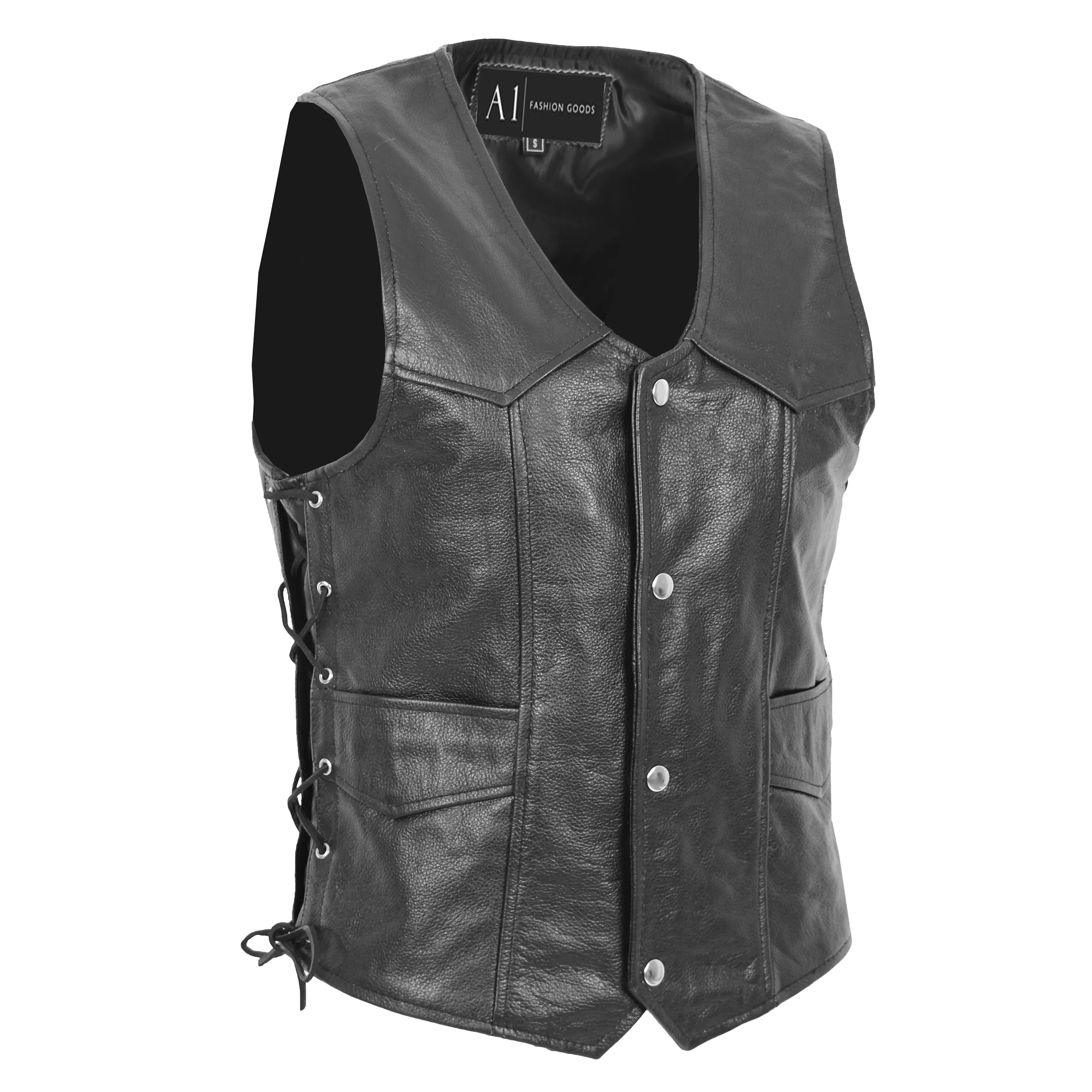 Mens Genuine Cowhide Black Leather Waistcoat Laced Sides Bikers Gilet Capone