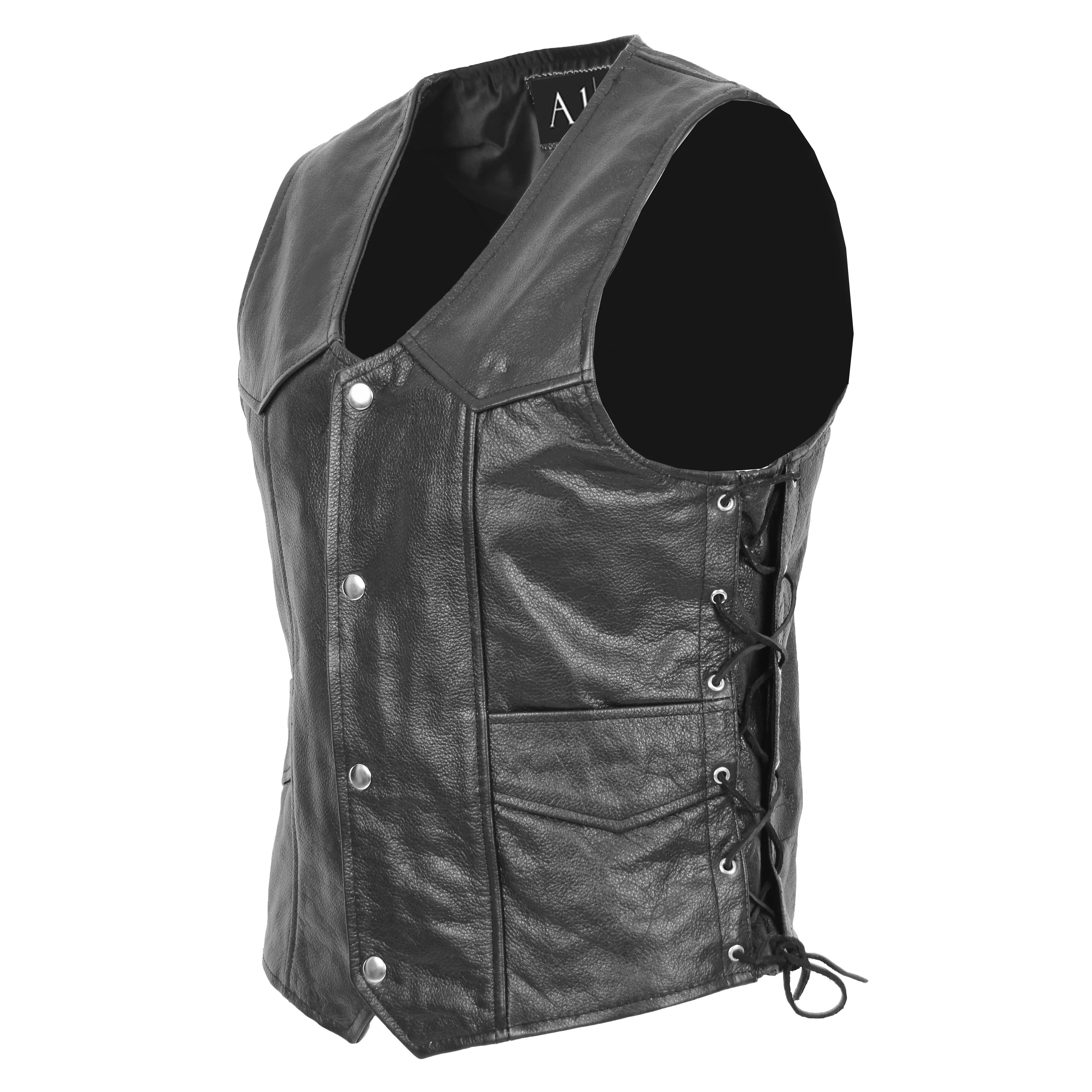 Mens Genuine Cowhide Black Leather Waistcoat Laced Sides Bikers Gilet Capone