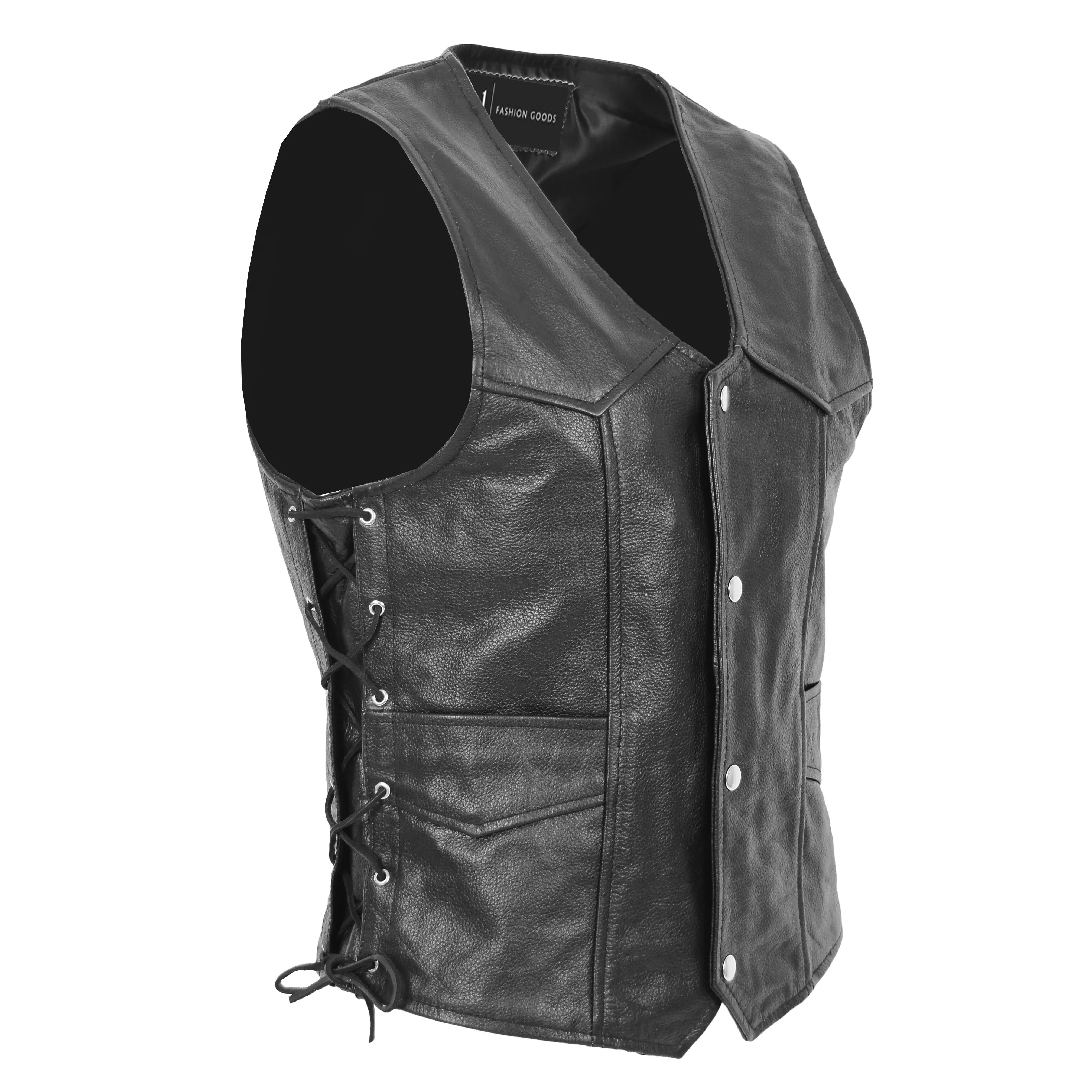 Mens Genuine Cowhide Black Leather Waistcoat Laced Sides Bikers Gilet Capone