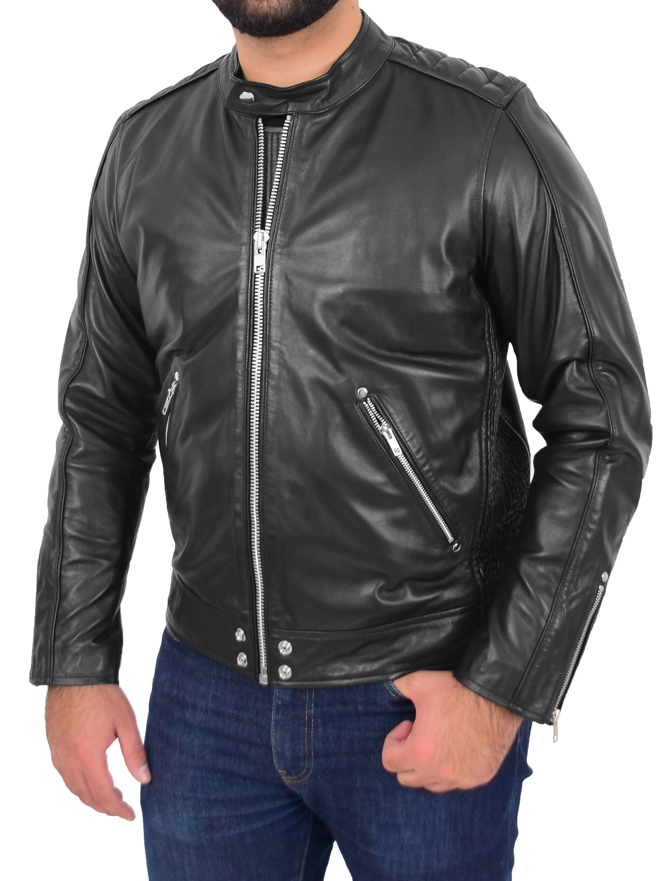 Mens Leather Biker Jacket Slim Fit Colt Black