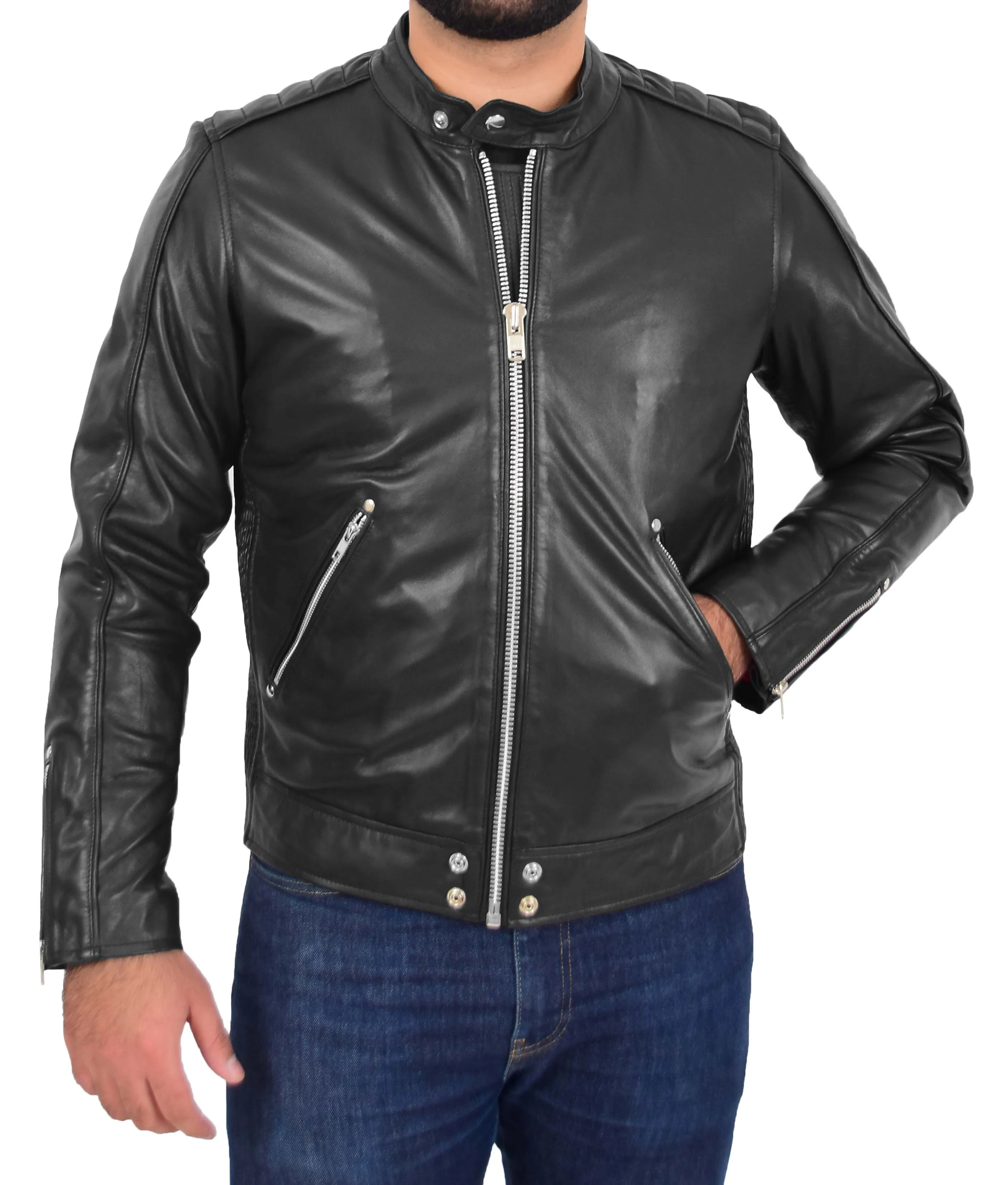 Mens Leather Biker Jacket Slim Fit Colt Black