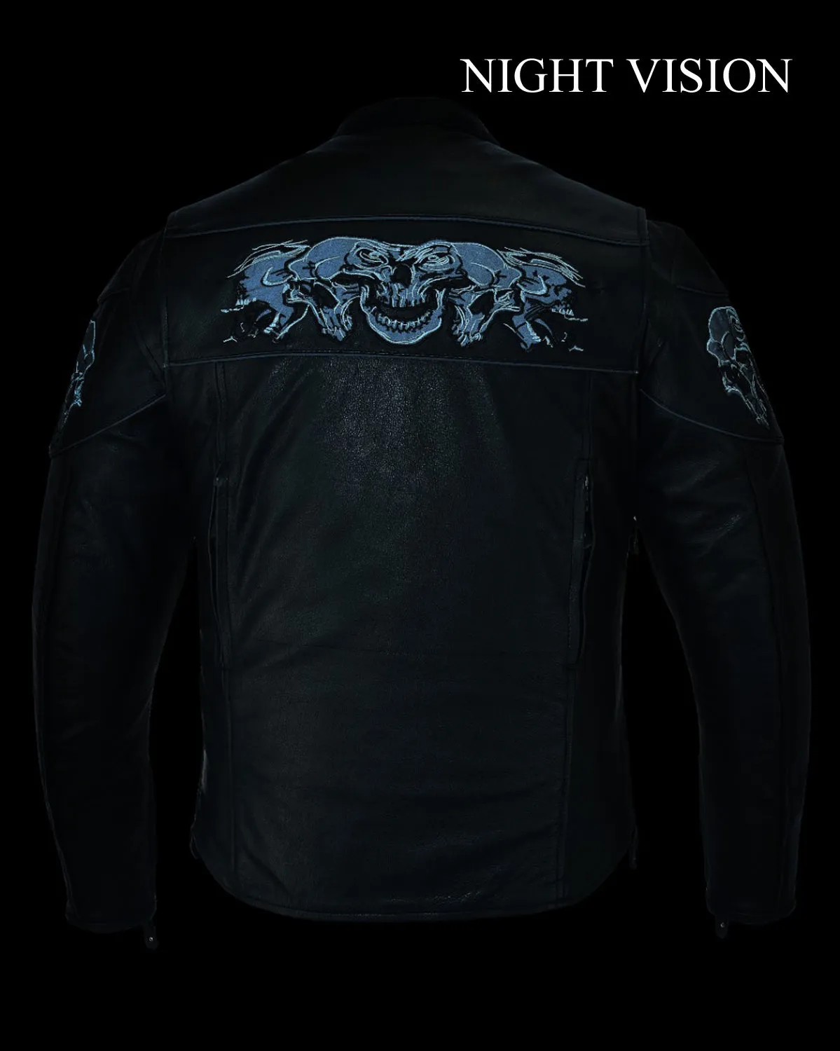 Mens Leather Jacket With Sleek Collar and Reflective Skulls & Gun Pockets Heavy Duty