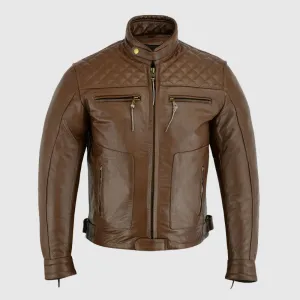 New High Quality Mens's Brown Motorbike Motorcycle Diamond Leather Jacket CE Protection Cowhide