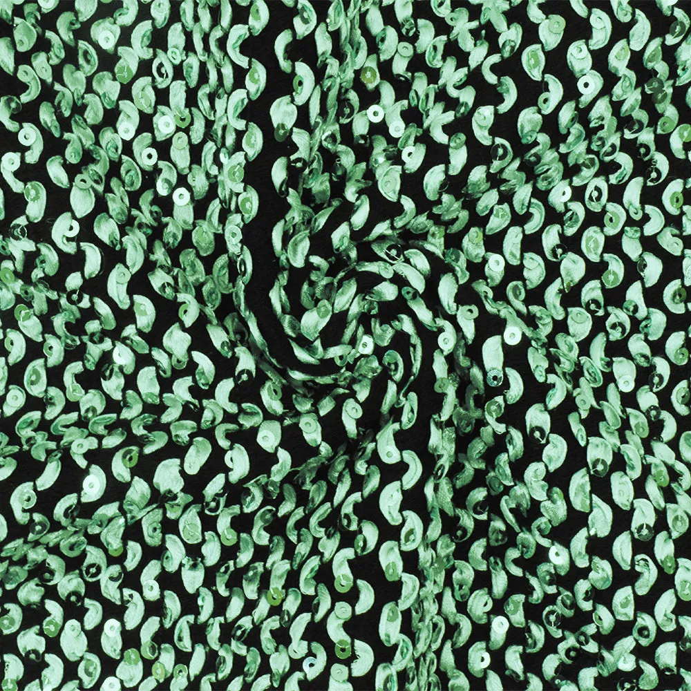 Pearly Green-Black 3D Wave With Sequins Acrylic Poly Woven Jacketing Fabric