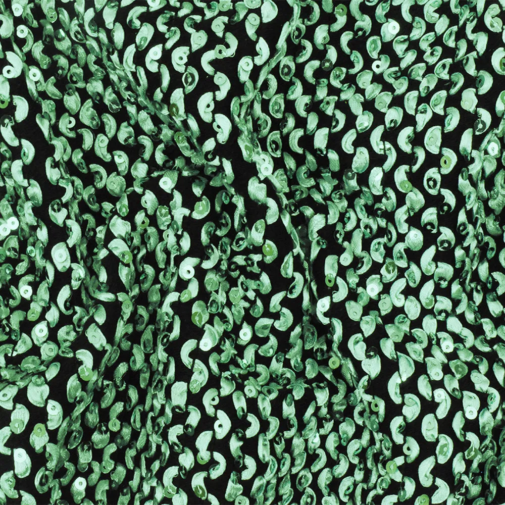 Pearly Green-Black 3D Wave With Sequins Acrylic Poly Woven Jacketing Fabric