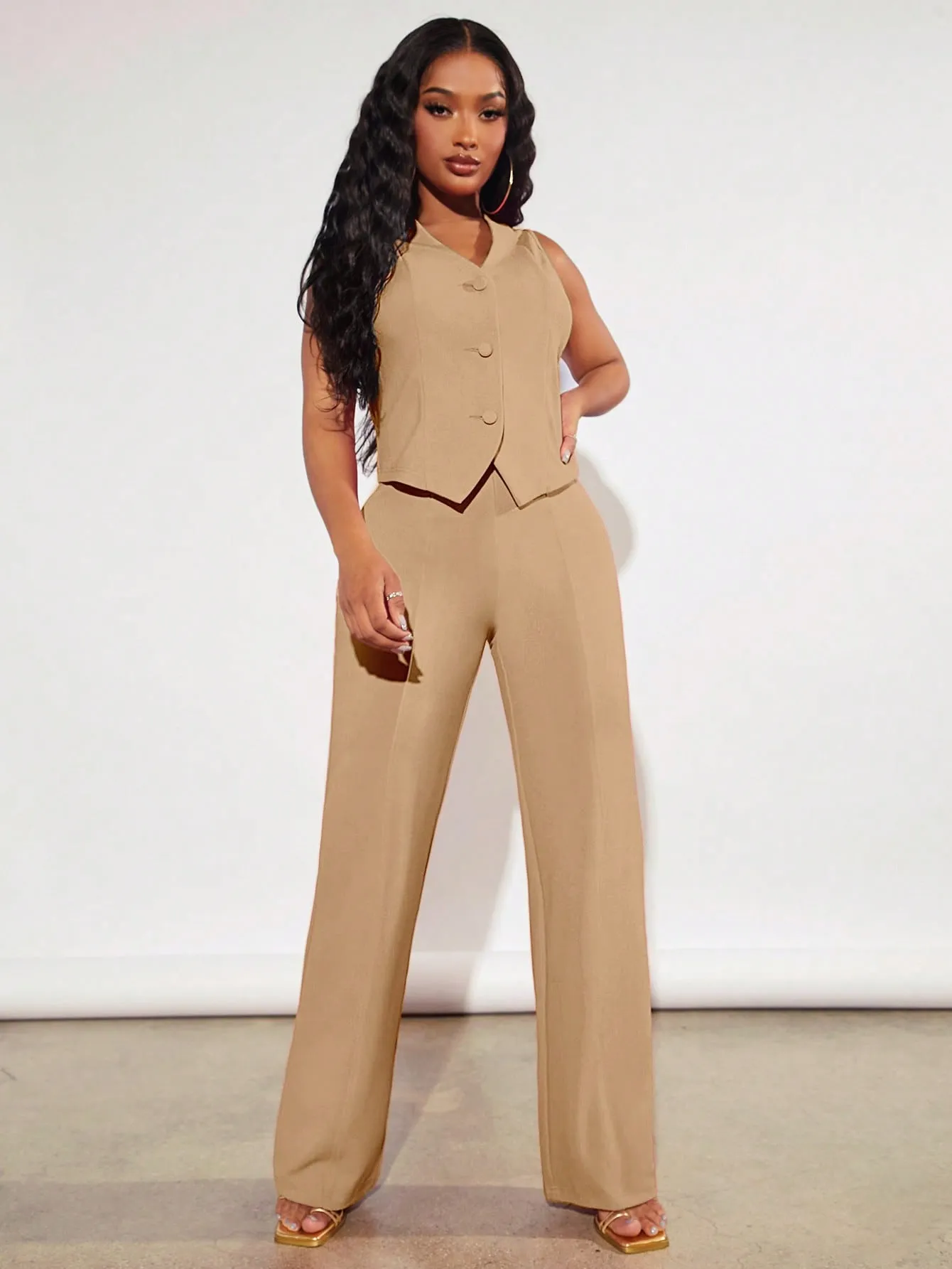 Solid Button Front Waistcoat & Pants set