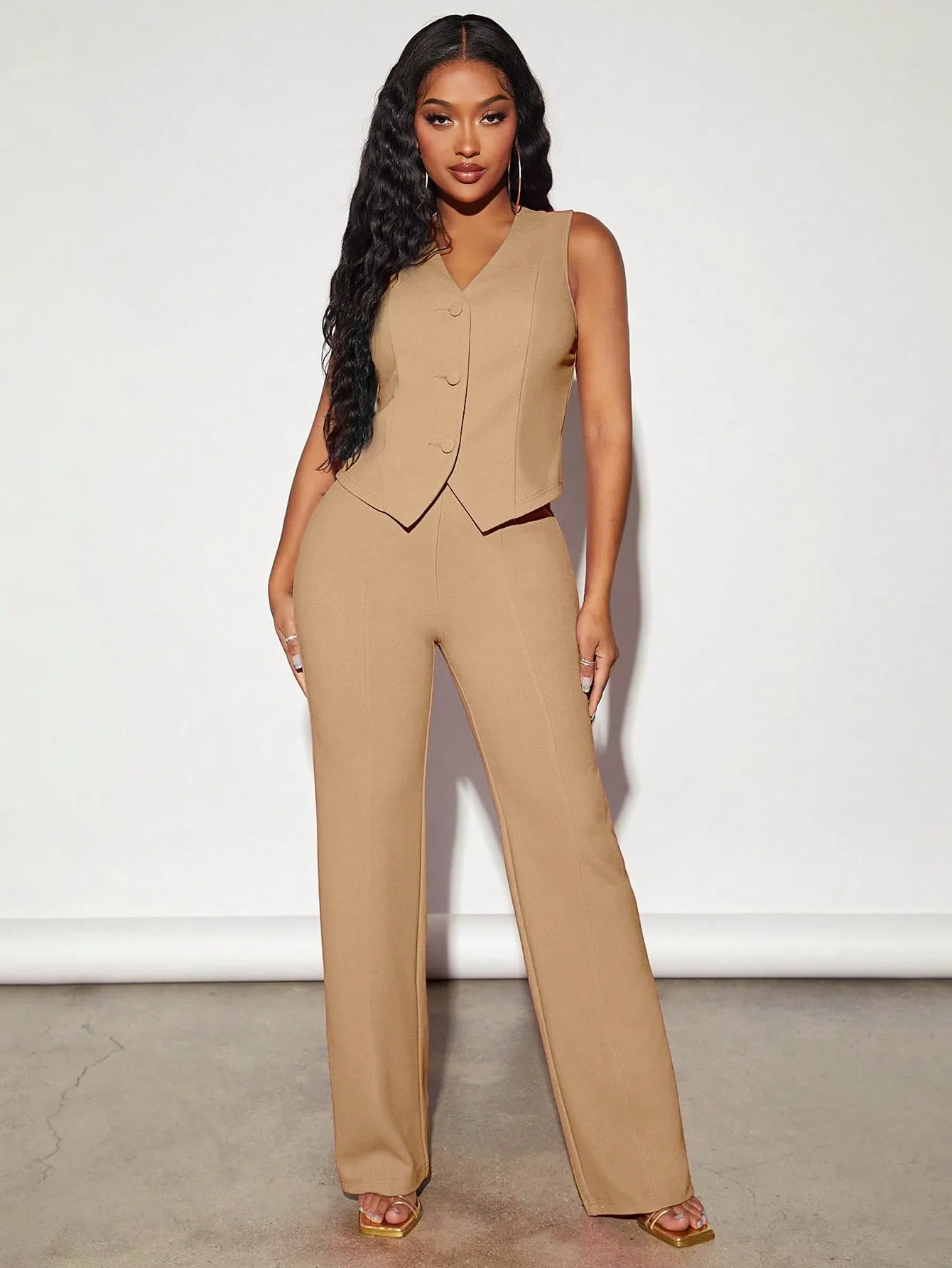 Solid Button Front Waistcoat & Pants set