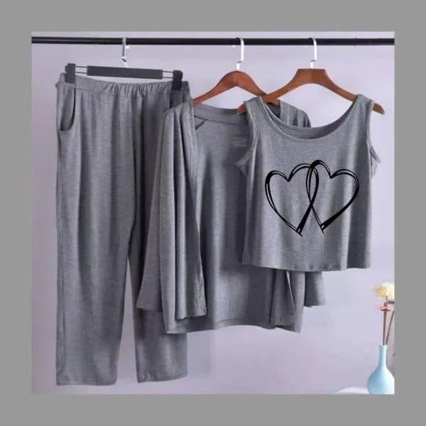 Two Heart Women Night Suit PJ 3 Pieces Set