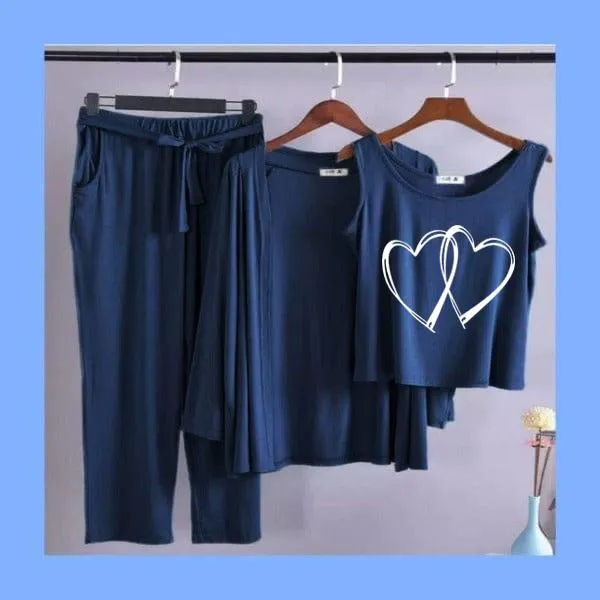 Two Heart Women Night Suit PJ 3 Pieces Set