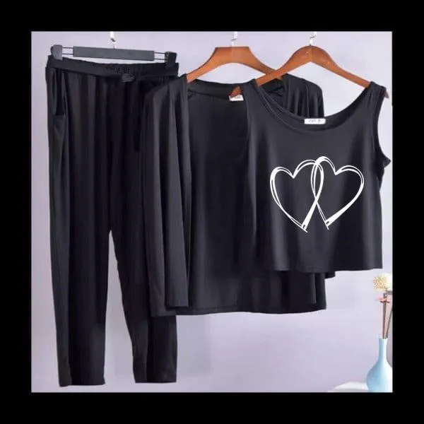 Two Heart Women Night Suit PJ 3 Pieces Set