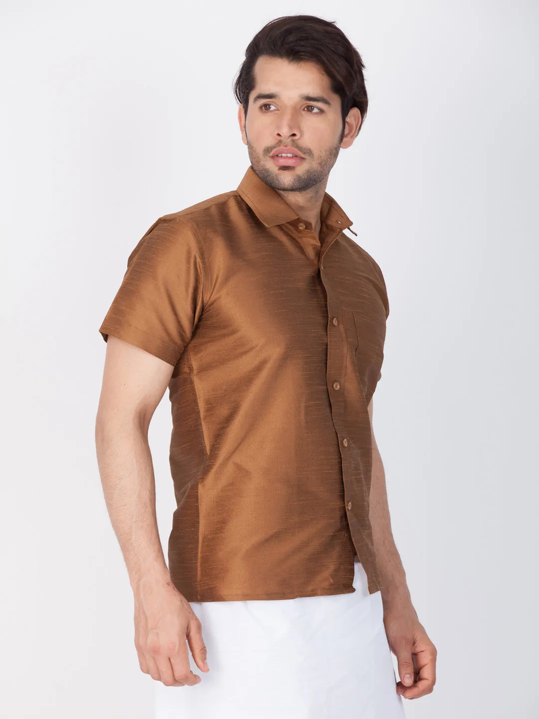 VASTRAMAY Men's Brown Silk Blend Shirt