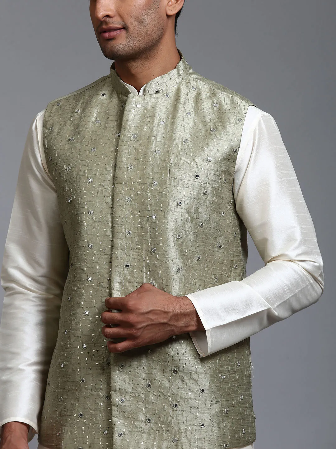 VASTRAMAY Men's Mehndi Green Embellished Jacket Set