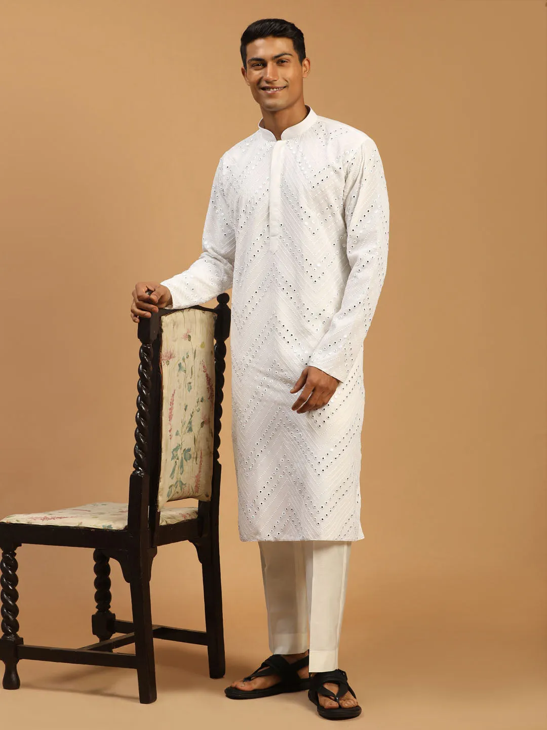 Vastramay Men's White Mirror Kurta Pant Set