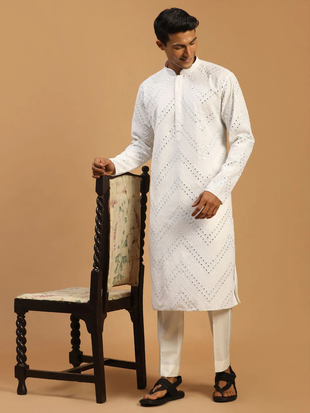 Vastramay Men's White Mirror Kurta Pant Set