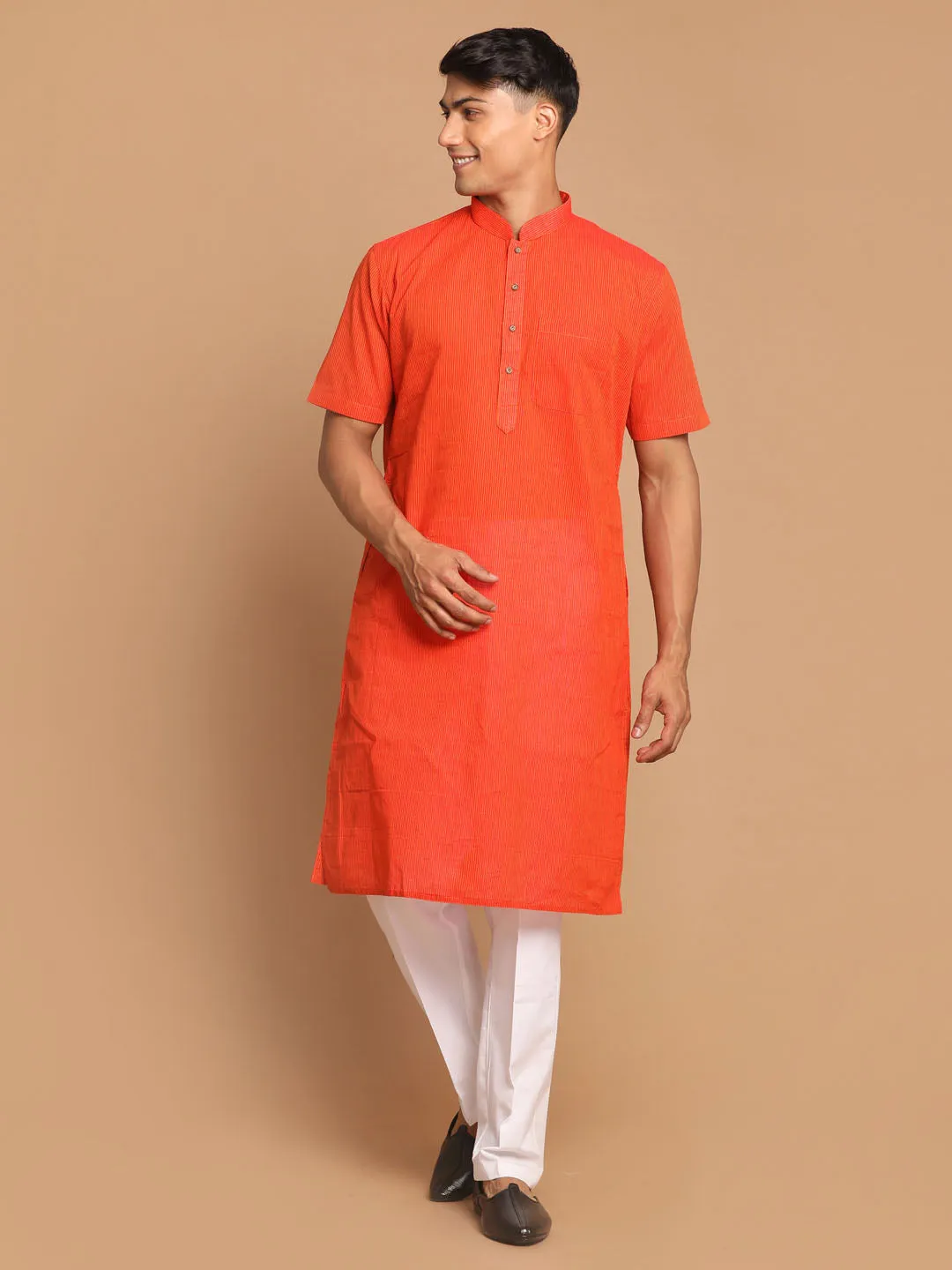 VASTRAMAY Orange Striped Cotton Kurta Set