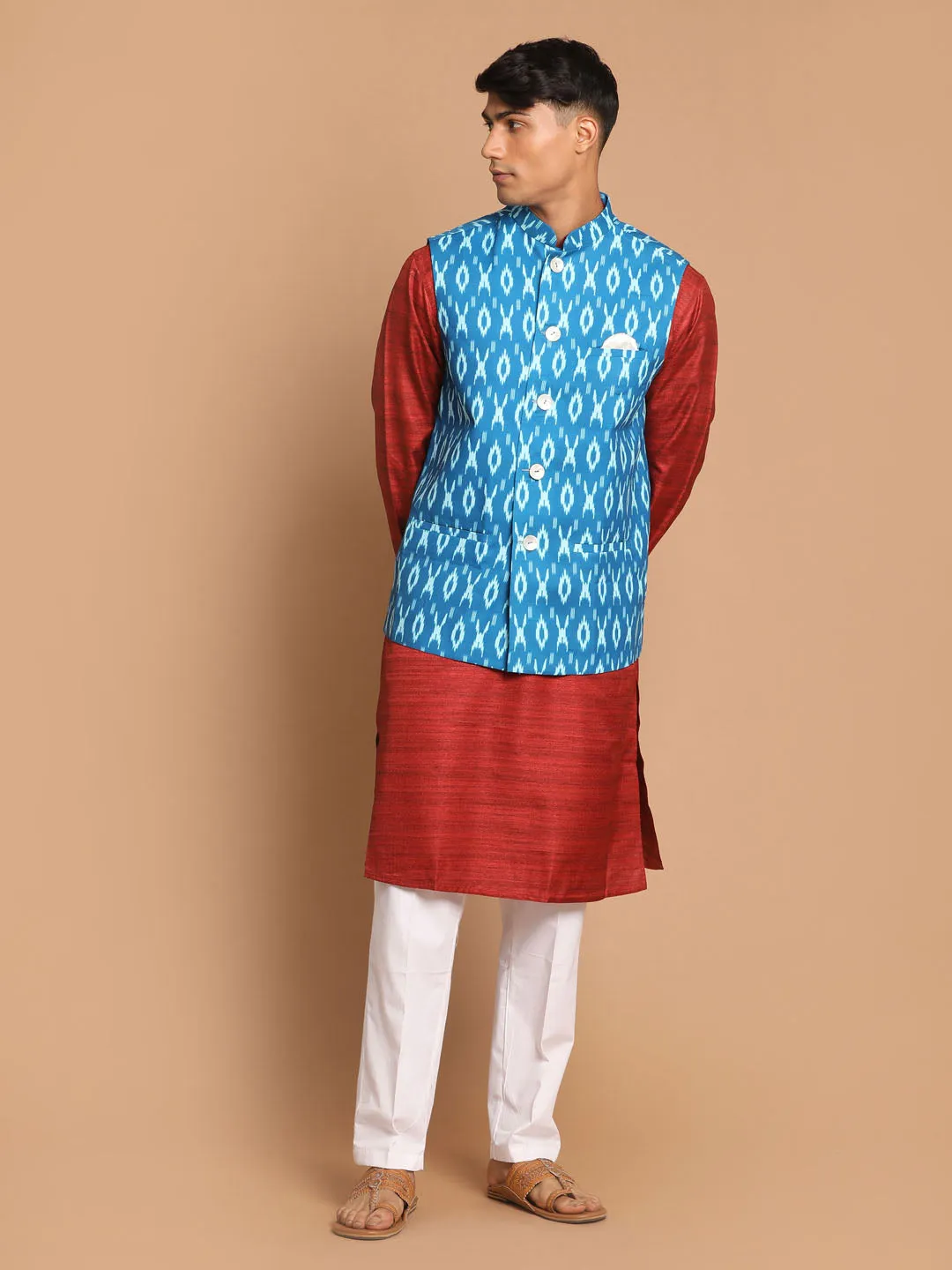 VASTRAMAY Turquoise Nehru Jacket Set