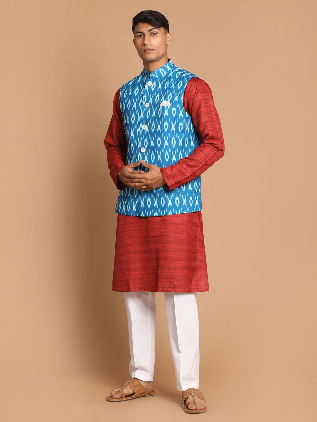 VASTRAMAY Turquoise Nehru Jacket Set